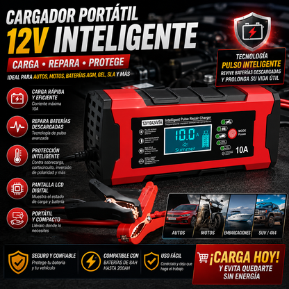 CARGADOR PORTÁTIL 12V INTELIGENTE – ENERGÍA CUANDO MÁS LA NECESITAS