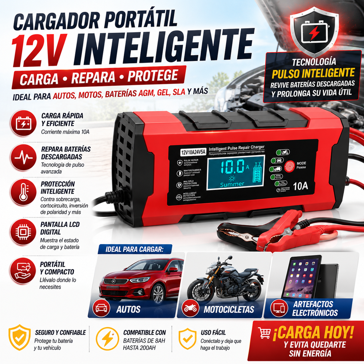 CARGADOR PORTÁTIL 12V INTELIGENTE – ENERGÍA CUANDO MÁS LA NECESITAS