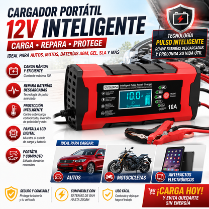 CARGADOR PORTÁTIL 12V INTELIGENTE – ENERGÍA CUANDO MÁS LA NECESITAS