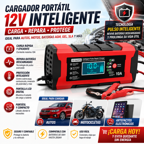 CARGADOR PORTÁTIL 12V INTELIGENTE – ENERGÍA CUANDO MÁS LA NECESITAS